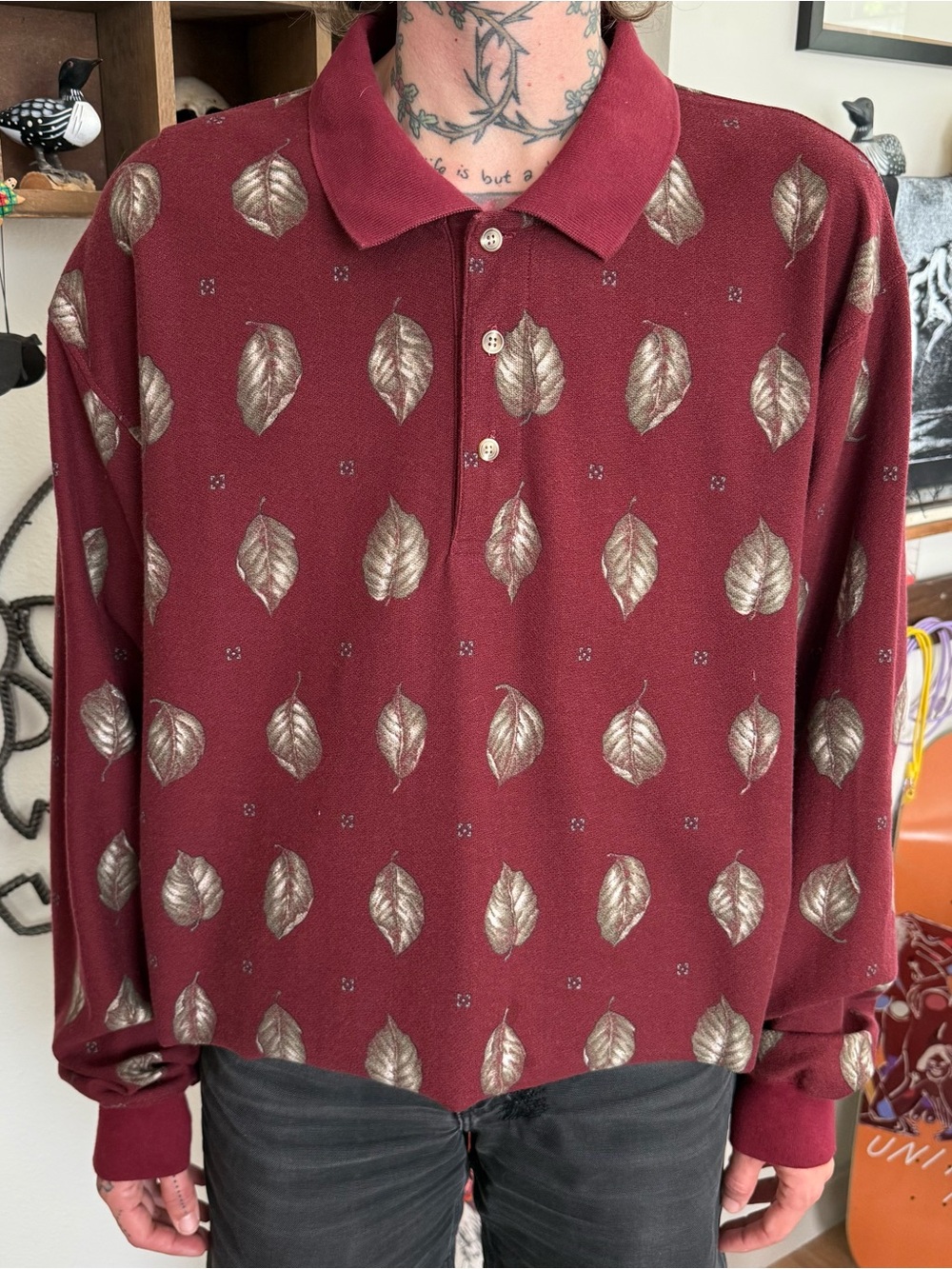 Vintage 90s Cropped Leaf AOP Cotton LS Polo Chaps Ralph Lauren ~ Size XL